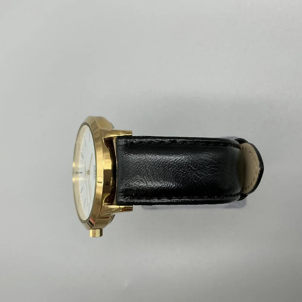 Q&Q Quartz Mens Watch 39mm Gold Tone Case Round Dial Black Band New Battery